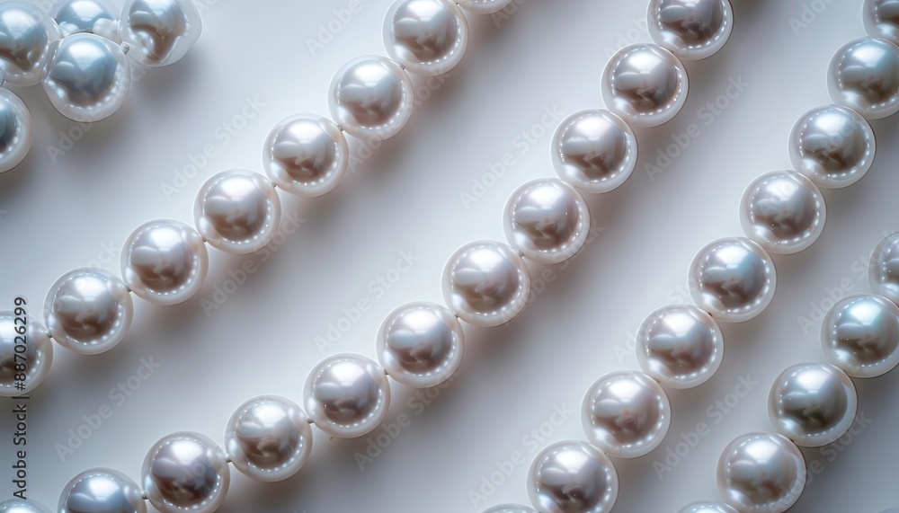 A close-up shot of a strand of white pearls, arranged in a diagonal pattern, against a white background. A close-up shot of a strand of white pearls, arranged in a diagonal pattern, against a white background.