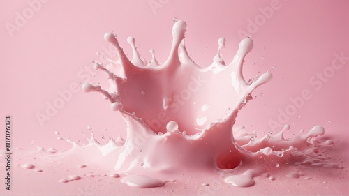 a delightful strawberry milk splash against a soft pink background. The creamy pink liquid erupts in a dynamic crown, showcasing the energy and sweetness of this refreshing beverage. 