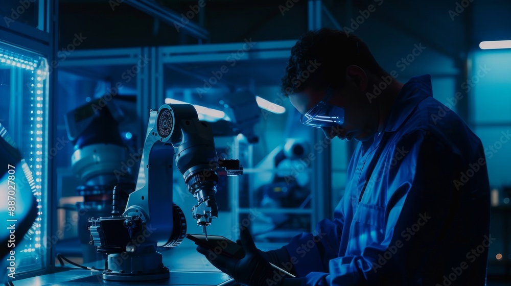 An engineer in a dark blue room uses a tablet to control a robotic arm and tool. This shows how smart technology is used in manufacturing processes to automate tasks and increase efficiency. An engineer in a dark blue room uses a tablet to control a robotic arm and tool. This shows how smart technology is used in manufacturing processes to automate tasks and increase efficiency.