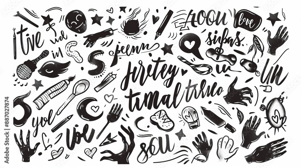 This image showcases a collage of playful and artistic doodles, including hands, hearts, stars, and various symbols that convey creativity, expression, and fun. This image showcases a collage of playful and artistic doodles, including hands, hearts, stars, and various symbols that convey creativity, expression, and fun.