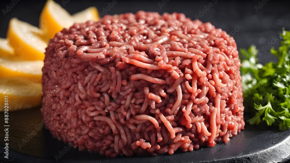 Fresh Raw mince, Minced beef, ground meat on black plate. Generative AI Fresh Raw mince, Minced beef, ground meat on black plate. Generative AI