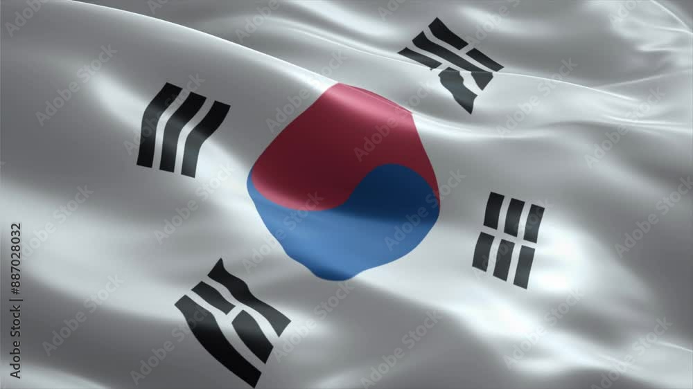 Close up view of South Korea waving flag video animation, realistic flag background, perfect loop, official colors, 4K footage Close up view of South Korea waving flag video animation, realistic flag background, perfect loop, official colors, 4K footage
