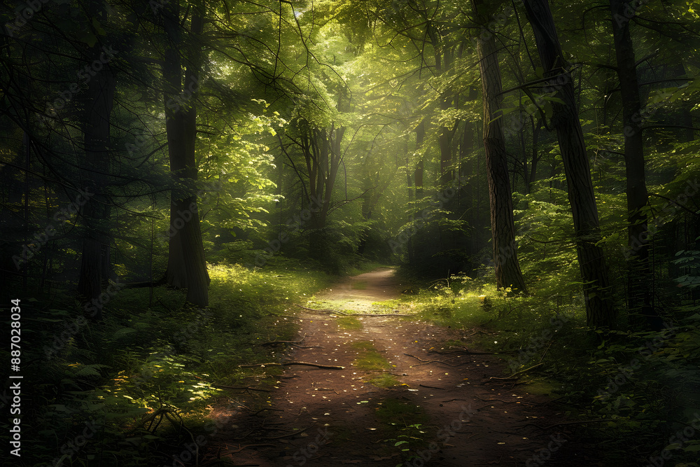 Naklejka premium Tranquil Forest Path: A Journey of Serene Discovery and Connection to Nature’s Timeless Beauty