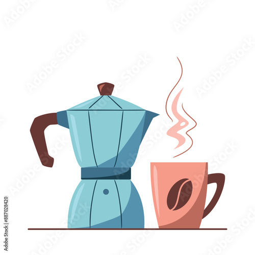 Moka pot and cup of coffee vector illustration. Stove-top coffee maker. Hot drink. Composition for coffee shops, cafes, and restaurants.Flat vector illustrations isolated on white background