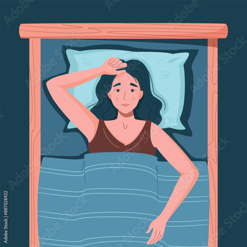 Sleep disorder, insomnia, sleeplessness. Young tired and exhausted woman lying in bed with open eyes in darkness night room. Frustrated person with problem. Character vector illustration in flat style