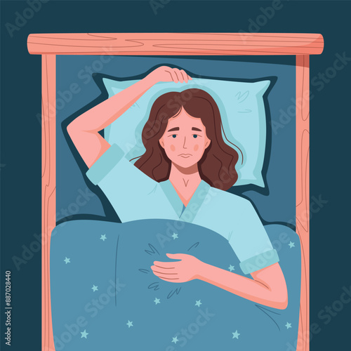 Sleep disorder, insomnia, sleeplessness. Young tired and exhausted woman lying in bed with open eyes in darkness night room. Frustrated person with problem. Character vector illustration in flat style