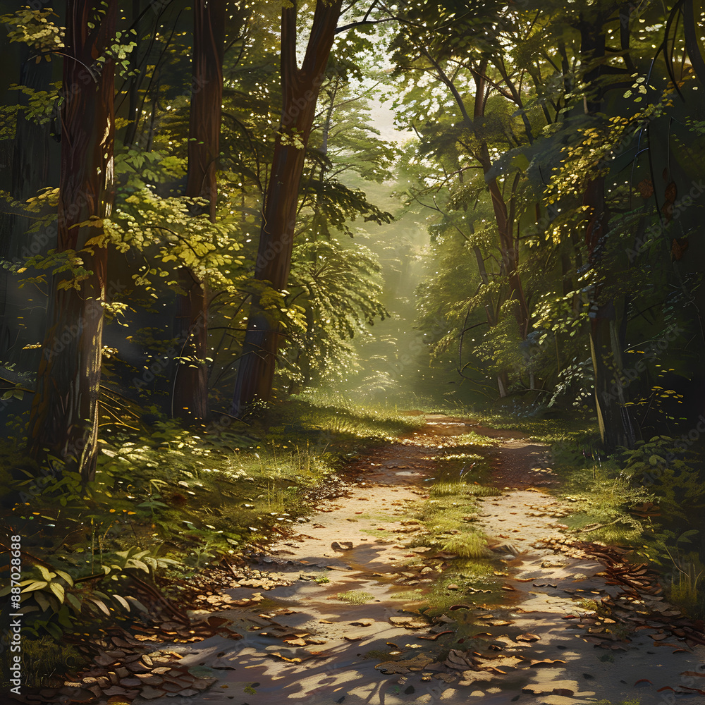 Fototapeta premium Tranquil Forest Path: A Journey of Serene Discovery and Connection to Nature’s Timeless Beauty