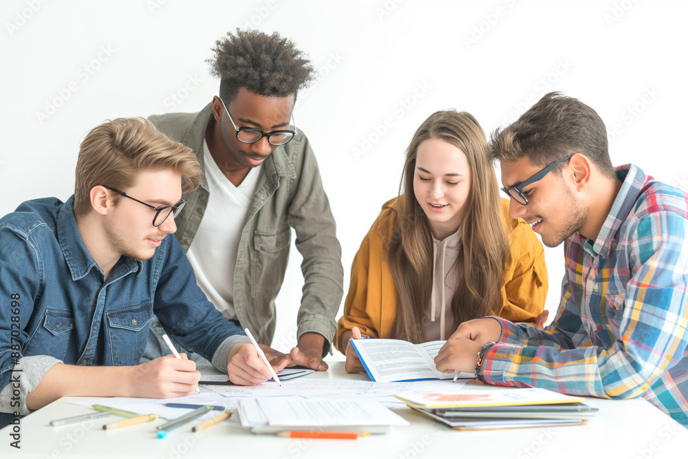 A group of young people are sitting around a table, working on a project A group of young people are sitting around a table, working on a project