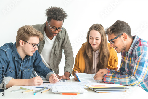 A group of young people are sitting around a table, working on a project