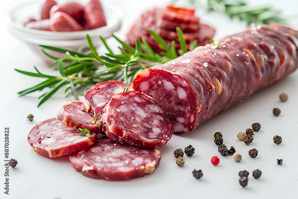 A pile of sliced sausage next to a bowl of pepperoni and a sprig of rosemary A pile of sliced sausage next to a bowl of pepperoni and a sprig of rosemary