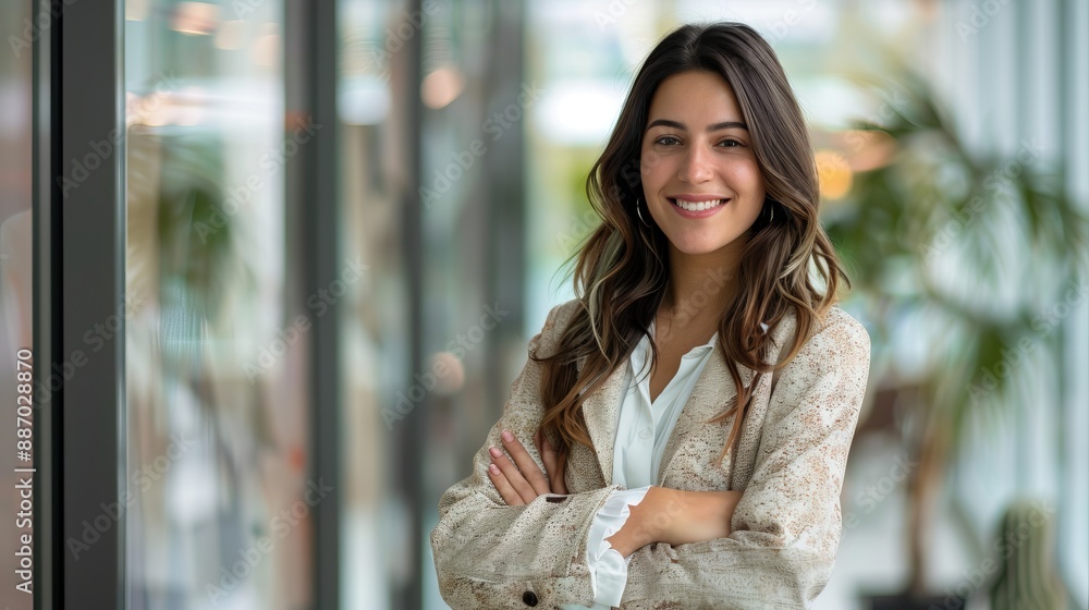 A confident young woman smiling with her arms crossed standing in a bright, professional office setting, showcasing success, confidence, and a modern corporate environment. A confident young woman smiling with her arms crossed standing in a bright, professional office setting, showcasing success, confidence, and a modern corporate environment.