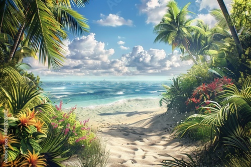 Fototapeta Naklejka Na Ścianę i Meble -  Tropical beach with palm trees and flowers, Ai generated