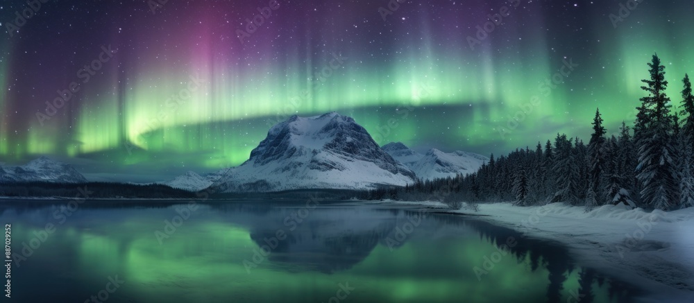 Fototapeta premium Aurora Borealis Over a Snowy Mountain Lake