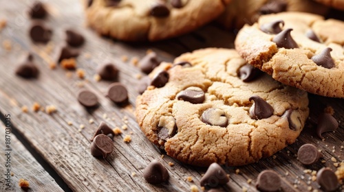 Chocolate chip cookies displayed on a wooden surface