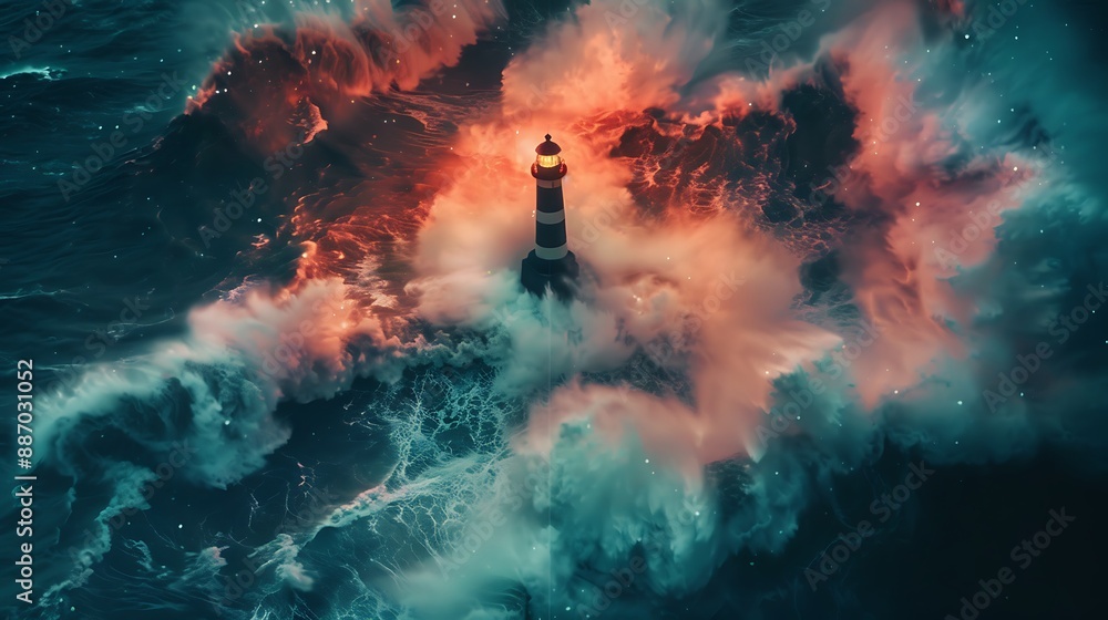 Fototapeta premium Simple lighthouse amidst a storm, turbulent sea, bold red and black, ultra HD quality