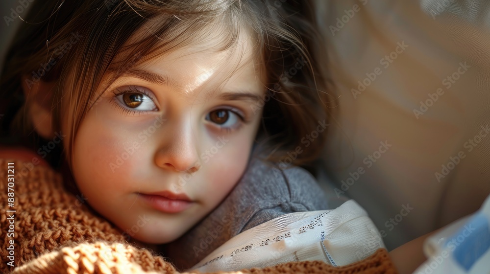 Recently immunized child with three bandages for comfort Recently immunized child with three bandages for comfort