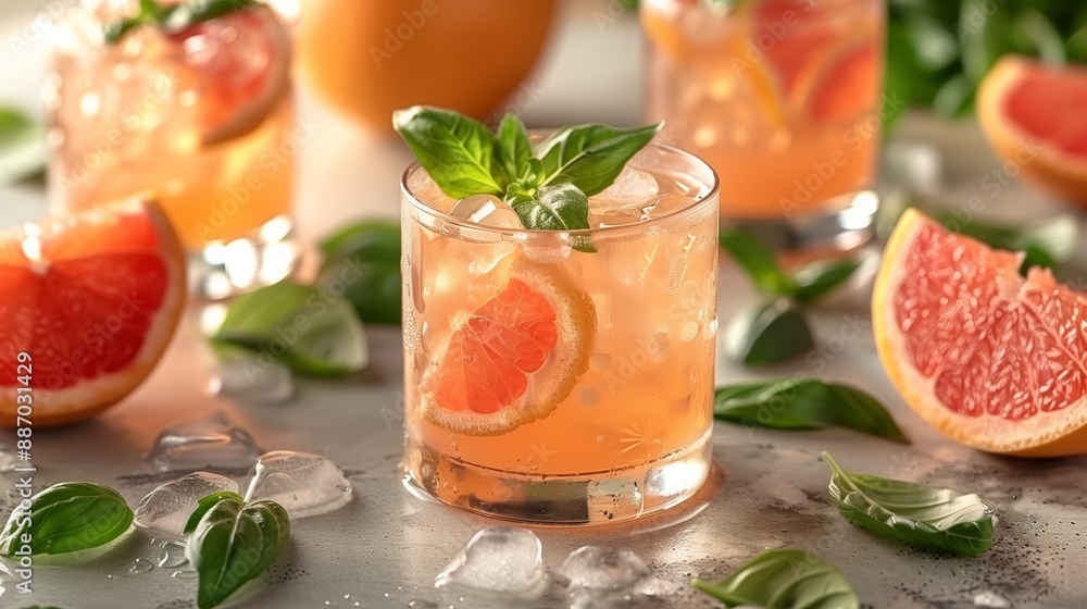 Close-up of grapefruit cocktail with basil and ice in glass on white surface, surrounded by grapefruit slices and basil leaves Close-up of grapefruit cocktail with basil and ice in glass on white surface, surrounded by grapefruit slices and basil leaves
