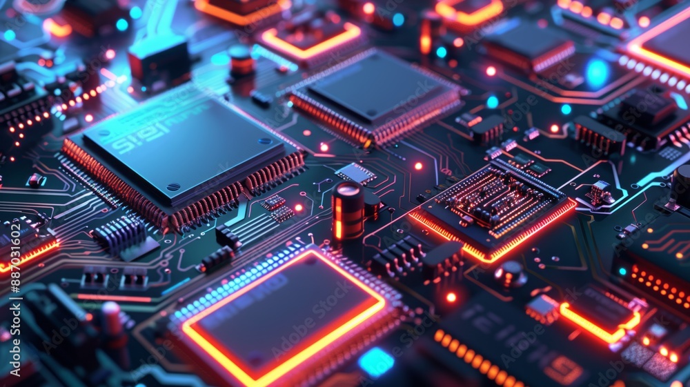 A detailed view of a computer motherboard with microchips and energy circuits illuminated by vibrant lights A detailed view of a computer motherboard with microchips and energy circuits illuminated by vibrant lights