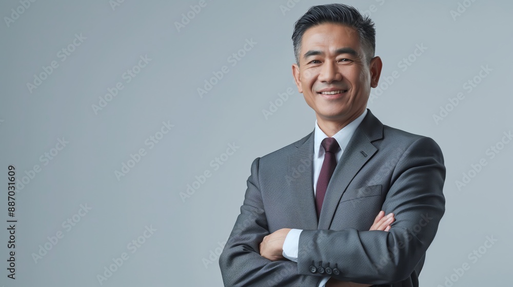 Confident MiddleAged Thai Businessman in Formal Suit and Tie Standing with Arms Crossed Against Gray Background for Corporate and Professional Themes Confident MiddleAged Thai Businessman in Formal Suit and Tie Standing with Arms Crossed Against Gray Background for Corporate and Professional Themes