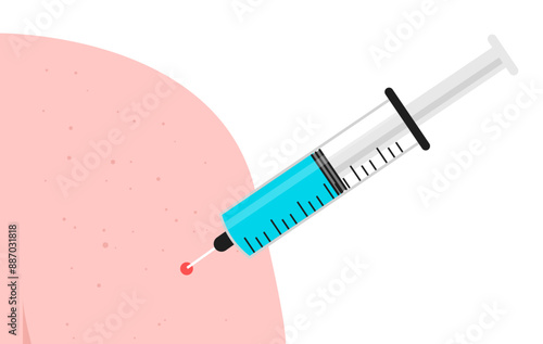 Vaccine needle injection in arm - Vector illustration of syringe penetrating skin below shoulder of person. Medicine injection and immunity concept in flat design on white background
