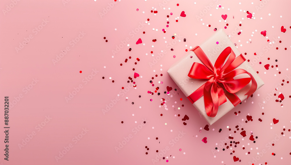 Elegant Gift Box with Red Ribbon and Heart Confetti on Pink Background Elegant Gift Box with Red Ribbon and Heart Confetti on Pink Background