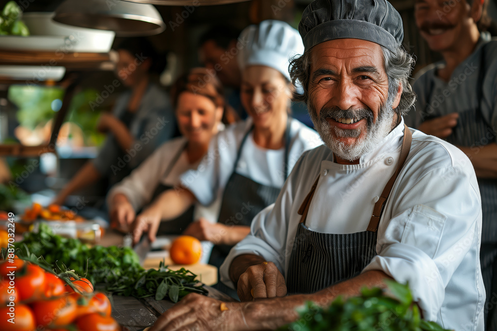 A joyful senior chef with a white chef’s hat and apron, smiling warmly at the camera, surrounded by his enthusiastic team of chefs in a professional kitchen. A joyful senior chef with a white chef’s hat and apron, smiling warmly at the camera, surrounded by his enthusiastic team of chefs in a professional kitchen.