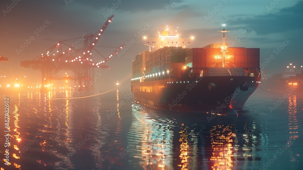 A large cargo ship laden with containers sails across a calm ocean under a bright blue sky with fluffy cloud A large cargo ship laden with containers sails across a calm ocean under a bright blue sky with fluffy cloud