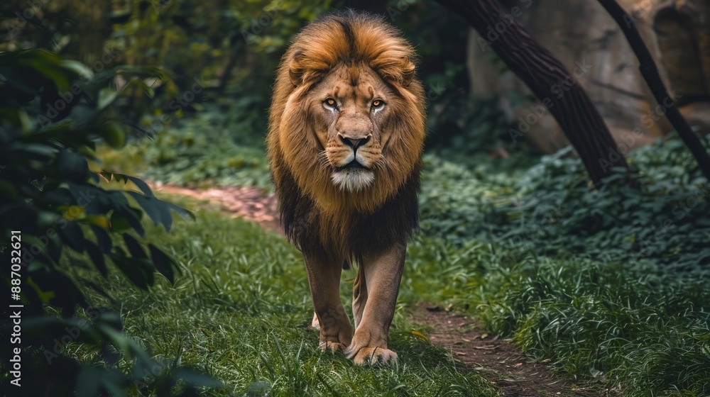 Fototapeta premium A lion walks gracefully on a path amid green surroundings, reflecting elegance, power, and the harmonious beauty of the natural world in a serene forest setting.