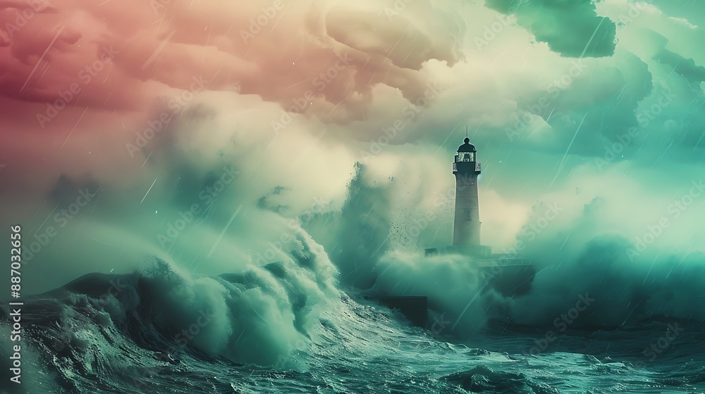 Simple lighthouse in a tempest, turbulent sea, bold green and pink, ultra HD quality Simple lighthouse in a tempest, turbulent sea, bold green and pink, ultra HD quality