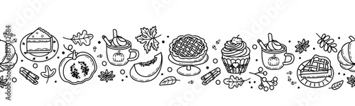 Vector graphic border with pumpkin spice linear elements.Horizontal banner with autumn icons.Fruits, latte, leaves, pies, cupcake, tart,cinnamon and cloves.Black and white seamless pattern with bake.
