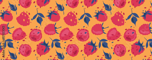 Abstract raspberry pattern in flat style. Fresh, delicious berry seamless pattern. Vector background. Summer freshness for health. For background, juice, ice cream or fabric.