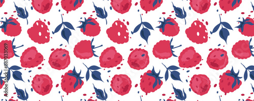 Abstract raspberry pattern in flat style. Fresh, delicious berry seamless pattern. Vector background. Summer freshness for health. For background, juice, ice cream or fabric.