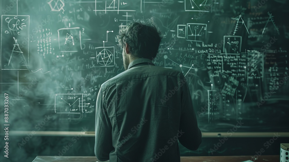 A researcher stands before a chalkboard densely packed with data and equations, engaged in the meticulous process of analyzing and deciphering complex scientific information. A researcher stands before a chalkboard densely packed with data and equations, engaged in the meticulous process of analyzing and deciphering complex scientific information.