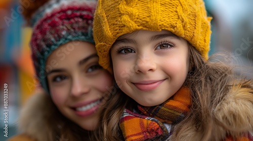 Smiling Mother and Daughter in Winter Wear, Perfect for Family and Holiday Themes, Vibrant and Cozy Color Palette