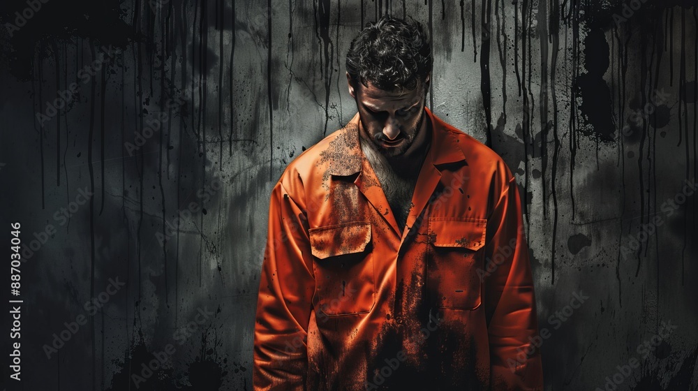 A prison inmate is depicted with dirt on their orange jumpsuit, standing in a gritty, dark setting that underscores the harshness and degradation of prison conditions. A prison inmate is depicted with dirt on their orange jumpsuit, standing in a gritty, dark setting that underscores the harshness and degradation of prison conditions.