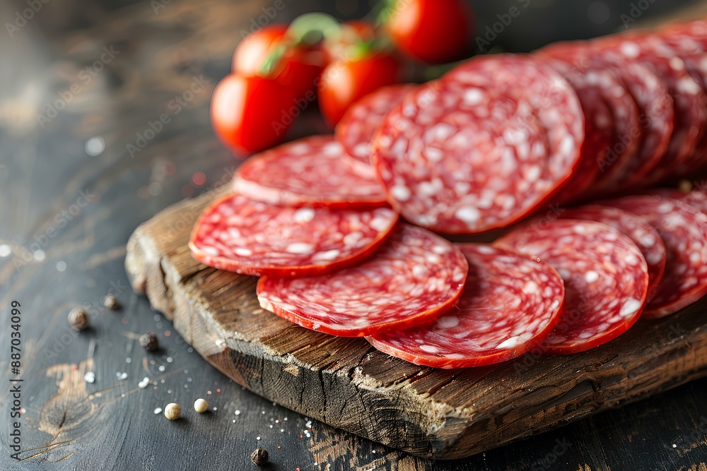 Sliced slices of salamii on a cutting board Sliced slices of salamii on a cutting board