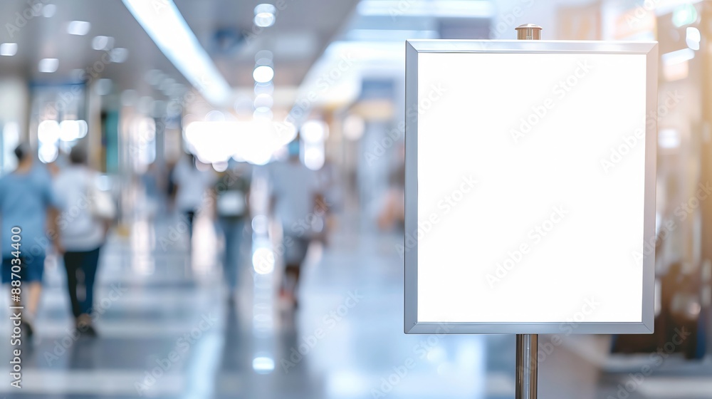 Empty signboard stands in a bustling hospital corridor as doctors and patients pass by Empty signboard stands in a bustling hospital corridor as doctors and patients pass by