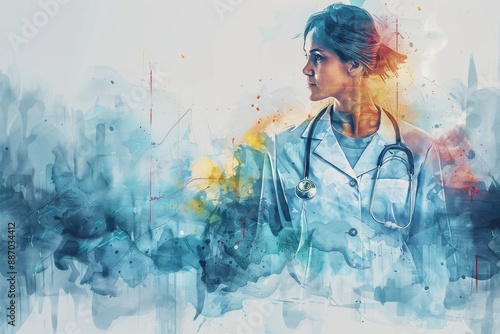 An abstract portrait of a woman doctor in a lab coat set against a vibrant, colorful background. This artistic depiction blends medical professionalism with dynamic visual elements.
