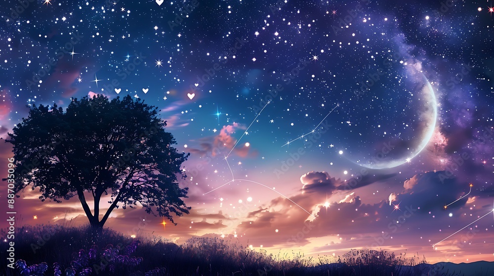 Celestial scene with constellations forming shapes of hearts shooting stars streaking across the sky and a crescent moon casting a soft glow over the landscape Celestial scene with constellations forming shapes of hearts shooting stars streaking across the sky and a crescent moon casting a soft glow over the landscape