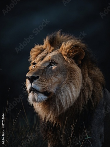 Lion king in isolation on dark backdrop - majestic wildlife photo