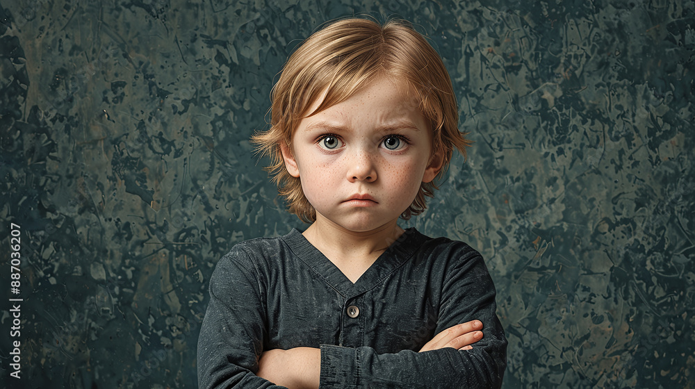 A very upset and agitated child crosses his arms and is in a bad mood and angry at something and shows a grim facial expression or shouts loudly A very upset and agitated child crosses his arms and is in a bad mood and angry at something and shows a grim facial expression or shouts loudly