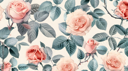 Vintage roses in an elegant floral pattern against a pastel background, offering a romantic and soft aesthetic. Ideal for wallpapers or fabric design applications. photo