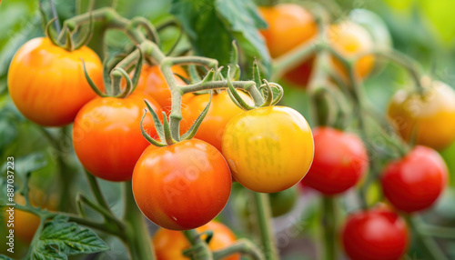A cluster of tomatoes is growing on a vine, showcasing the beauty of natural foods
