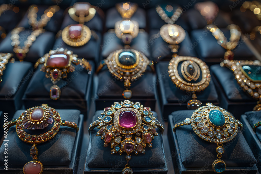 A collection of antique jewelry in a museum, illustrating history. Concept of preservation and cultural artifacts. Generative Ai. A collection of antique jewelry in a museum, illustrating history. Concept of preservation and cultural artifacts. Generative Ai.