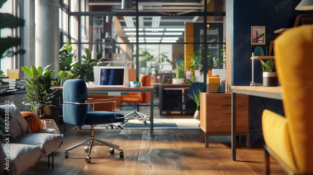 This modern open-plan office space features stylish decor with vibrant furnishings, contemporary design elements, and a bright, inviting environment filled with natural light. This modern open-plan office space features stylish decor with vibrant furnishings, contemporary design elements, and a bright, inviting environment filled with natural light.