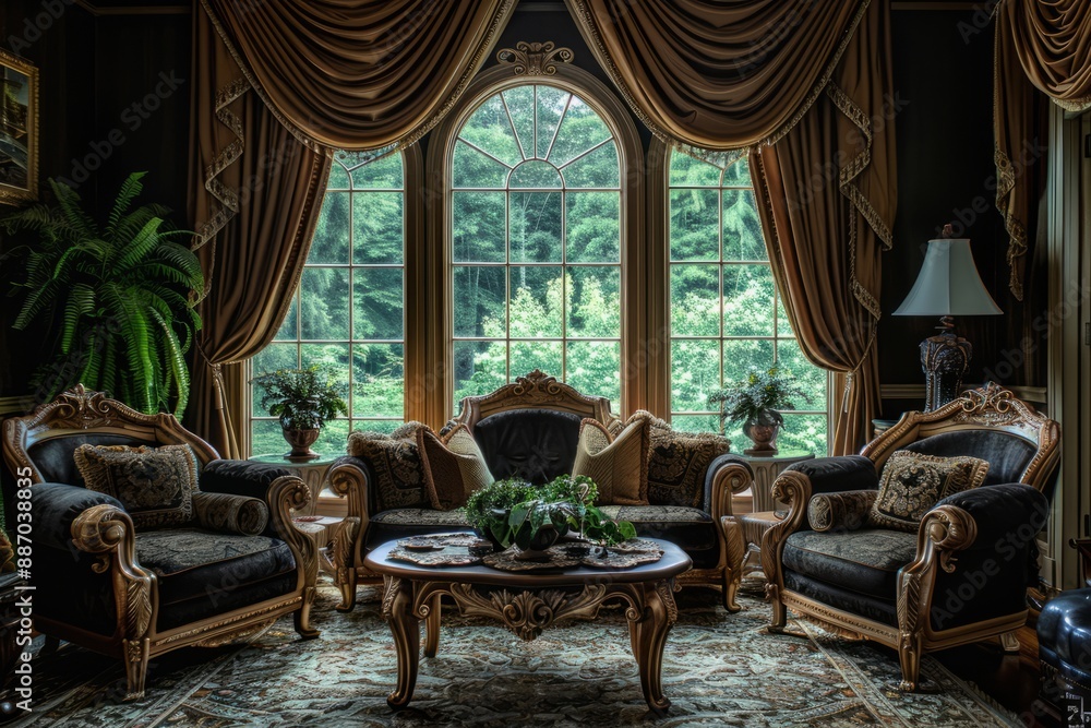 Fototapeta premium Elegant Formal Sitting Room With Antique Furniture and Large Windows Overlooking Lush Greenery