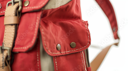 "Closeup of a red backpack with beige handles and pockets rotating on a white background." © Mahmud