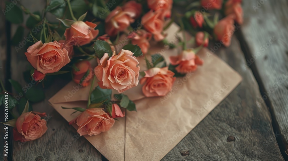 Paper envelope adorned with small coral roses in a spring theme Paper envelope adorned with small coral roses in a spring theme