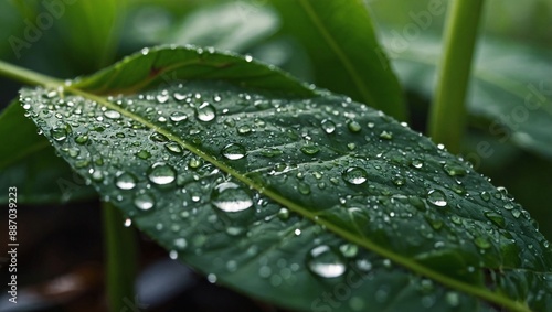 Macro view large raindrops on green leaf, morning dew glistening in sunlight, stunning natural texture