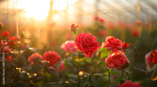 Fototapeta Naklejka Na Ścianę i Meble -  Field of red roses being produced under a greenhouse.